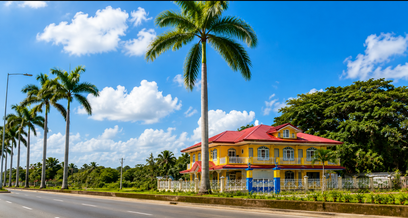 The bright yellow and blue exterior of Pecan Pension House & Café, a quiet pension house near Iloilo International Airport